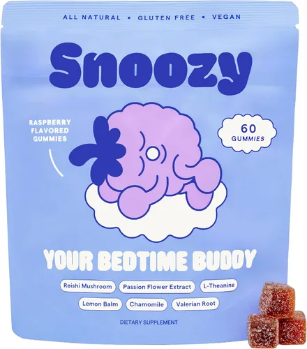 Snoozy Bedtime Buddy - Gomitas para dormir con hongos Reishi | Manzanilla, raíz de valeriana, extracto de bálsamo de limón, ayuda natural para