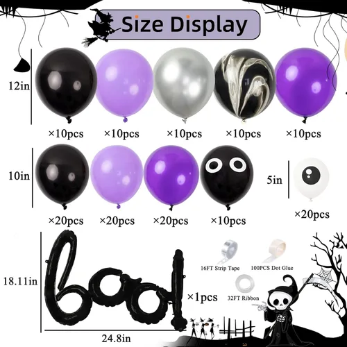 Vista 3 de Kit de arco de guirnalda de globos de Halloween, 144 globos de calavera negra, morada, plateada, globos de Halloween y globo de aluminio