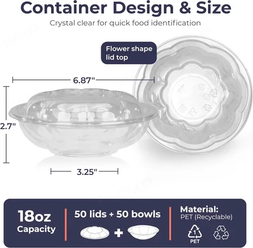 Vista 2 de Fit Meal Prep 50 unidades 18 onzas Tazones desechables de plástico transparente para ensalada con tapas herméticas - Para llevar para almuerzo