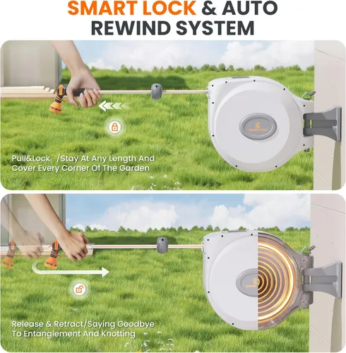 Vista 3 de Giraffe Tools CW20 - Carrete retráctil para manguera de jardín de 5/8 pulgadas x 60 pies, carrete de manguera de agua resistente, soporte giratorio