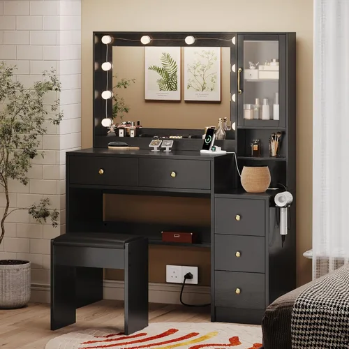 Vista 12 de Tocador de maquillaje con luces y estación de carga, mesa de tocador blanca con 5 cajones y estantes de almacenamiento abiertos, escritorio