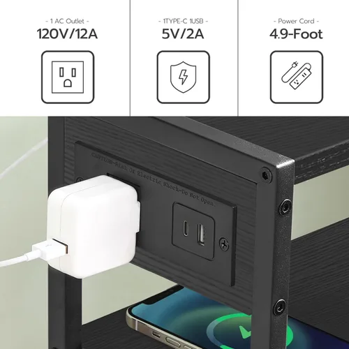 Vista 5 de HOOBRO Mesa auxiliar pequeña y estrecha con estación de carga, mesa auxiliar delgada para espacios pequeños, mesita de noche delgada con puertos USB