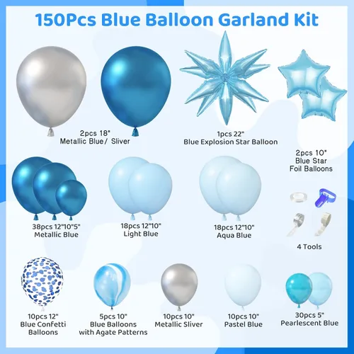 Vista 2 de Kit de guirnalda de arco de globos azules de 150 piezas, decoraciones de baby shower, globos pastel claro azul bebé, globo de confeti de estrella