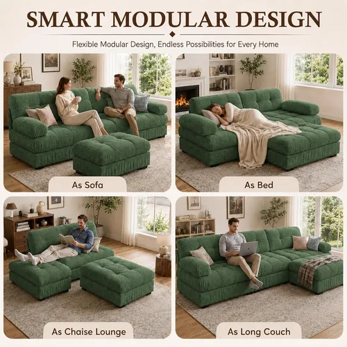Vista 4 de Sofá modular de gran tamaño de 90 pulgadas con otomana móvil, asiento profundo en forma de L, cómodo sofá de nube de felpilla de 3 asientos modernos