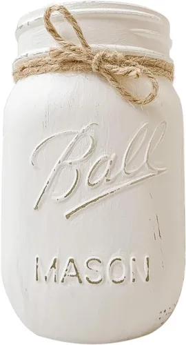 Vista 6 de Decoración de tarro Mason pequeño blanco – Tarro envejecido pintado a mano de 16 onzas – Portaplumas de estilo granja de 5 pulgadas o jarrón