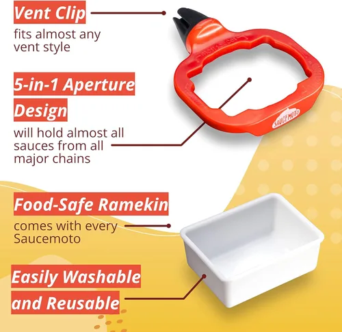 Vista 5 de Recipiente para salsa con clip Saucemoto Un soporte para salsas en el auto para salsa de tomate y salsas para sumergir. Como lo viste en Shark