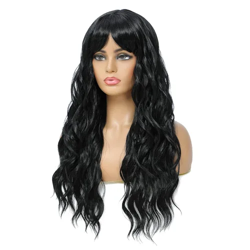 Vista 4 de SWACC Peluca larga y rizada ondulada con flequillo peluca de pelo sintético para mujeres con gorra de peluca (negro)