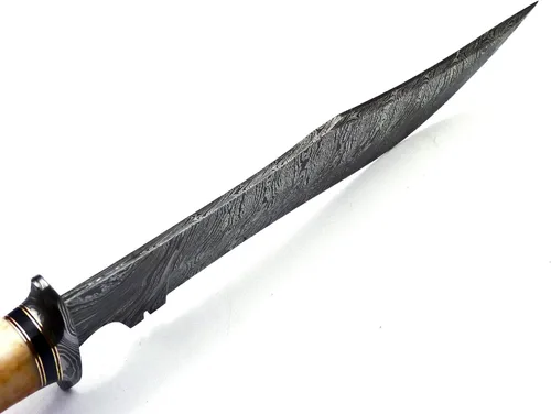 Vista 6 de BK-40 Cuchillo Bowie de acero de Damasco hecho a mano de 15 pulgadas - Hermoso mango de hueso de madera de rosa y cuerno de toro con vaina