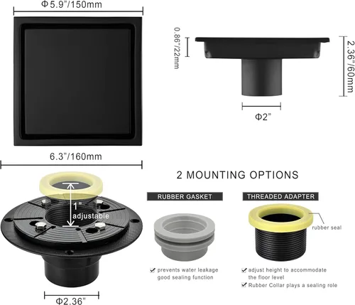 Vista 3 de Drenaje de ducha de diseño cuadrado de 6 pulgadas con brida de base de drenaje de ducha ajustable, drenaje de piso de acero inoxidable SUS 304