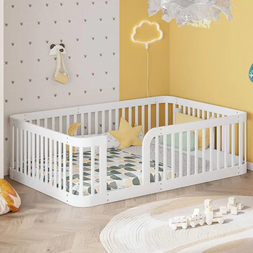 Vista 14 de Cama Montessori de madera tamaño matrimonial con valla de alta Blanco (White F)