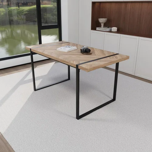 Vista 8 de 59" Light Wood Dining Table and Dining Chair Set of 4 s, Wooden Kitchen Dining Table Set, Black Rectangular Metal Base, Dining Table and Suede Chair