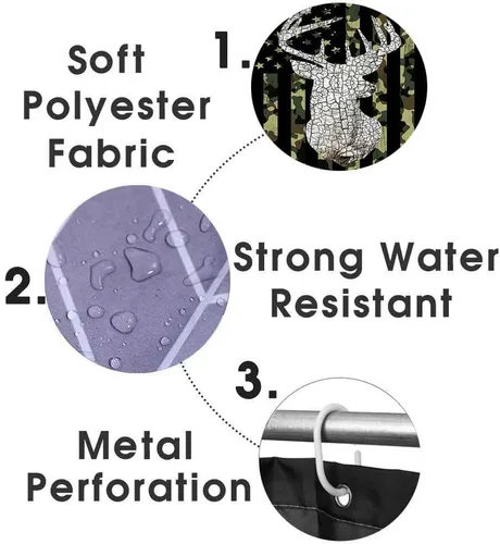 Vista 170 de Camille&Andrew - Juego de 4 cortinas de ducha de tela de ciervo rústico negro, alce, alce, pino, luna, casa de campo, panel rústico, tablero