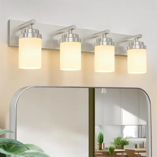 Vista 23 de IZORRO Lámpara de tocador de baño, 3 luces de 22 pulgadas de níquel cepillado sobre espejo, con pantalla de vidrio blanco, luces modernas de tocador