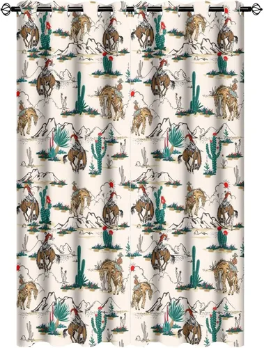 Vista 45 de Cortinas opacas retro de vaquero occidental para dormitorio, estilo rústico, cactus, salvaje oeste, vaquero, paseo, caballo, con ojales, aislamiento