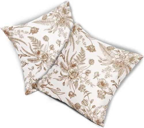 Vista 3 de Fundas de Almohada de Flores Marrones y Blancas Paquete de 2 de 18 x 18 Pulgadas Fundas de Cojín Vintage de Flores Marrones de Algodón y Lino