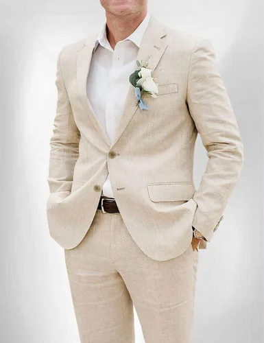 Vista 2 de Trajes casuales de verano para hombre, ajuste regular, 2 piezas, esmoquin, pantalones de lino para playa, boda