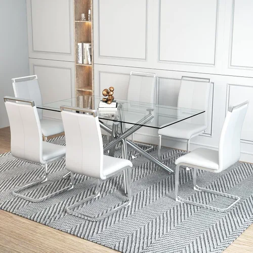 Vista 2 de Ebullient Juego de mesa de comedor de cristal de 63 pulgadas para 6 mesas de comedor modernas con parte superior de vidrio templado con 6 sillas