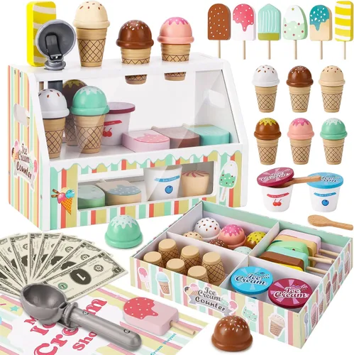 Juguetes de helado de madera para niños, juego de cocina de simulación, juguetes de comida con cuchara y menú y dinero falso, juego de tienda de