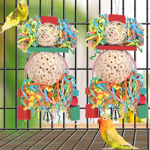 Vista 6 de BBjinronjy Juguetes de pájaros, 2 piezas de bolas blandas naturales colgantes de sola para morder y desmenuzar para loros, cacatúas, conures