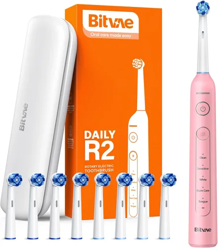 Vista 10 de Cepillo de dientes eléctrico rotativo Bitvae R2 para adultos con 8 cabezas de cepillo, estuche de viaje, cepillo de dientes recargable con 5 modos