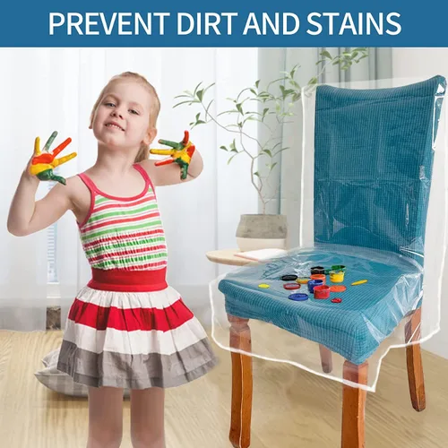 Vista 3 de Paquete de 2 Fundas de Sillas de Plástico, Juego de Fundas Transparentes para Sillas de Comedor, Protector de Asiento Transparente e Impermeable