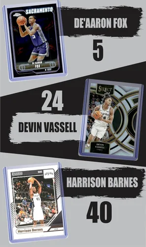 Vista 3 de Tarjetas de San Antonio Spurs: Victor Wembanyama, Keldon Johnson, Tim Duncan, David Robinson, De'Aaron Fox, Devin Vassell, Harrison Barnes. Paquete