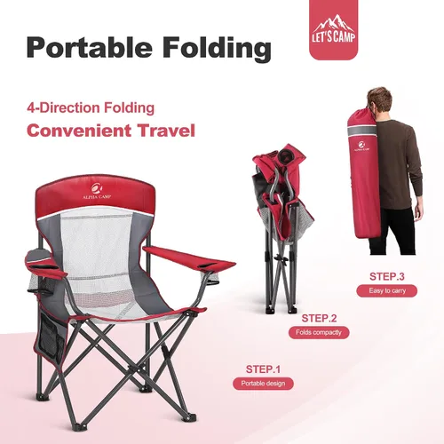 Vista 8 de LET'S CAMP Silla de camping con respaldo de malla, portátil, plegable Rojo