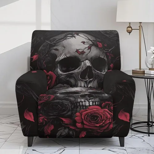 Vista 2 de FOR U DESIGNS Juego de 4 fundas de sofá elásticas de calavera gótica para reclinables, con bolsillos laterales, se adapta a sillas pequeñas