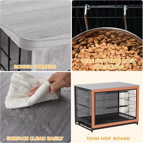 Vista 6 de TLSUNNY Muebles de jaula para perros, 44.1 pulgadas de madera para interiores con 2 puertas, jaula resistente con bandeja extraíble, mesa auxiliar