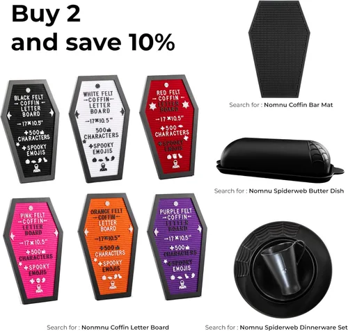 Vista 8 de Tablero de letras de ataúd negro + calcomanías de murciélago 3D + 650 caracteres, emojis espeluznantes y de temporada, soporte de madera - 17 x 10.5