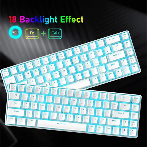 Vista 3 de Combo de teclado y mouse mecánicos 60% para juegos con mini ergonómico, anti-fantasma, retroiluminación múltiple de 68 teclas, 6400 DPI, ratones