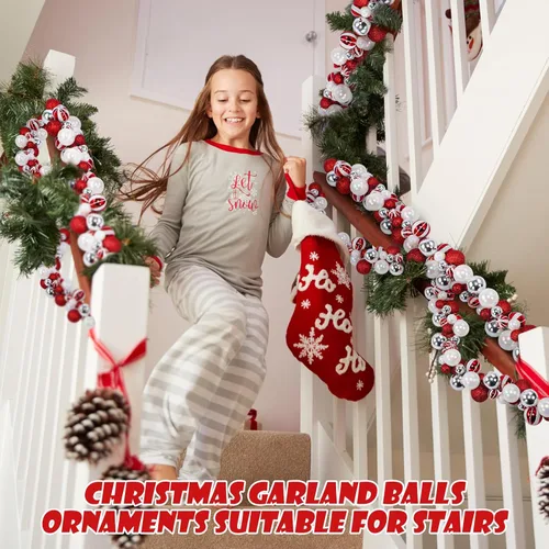 Vista 5 de Guirnalda de 2 bolas de Navidad de 6 pies, adornos colgantes de bolas de Navidad con 2 luces LED de 10 pies para interiores y exteriores, árbol