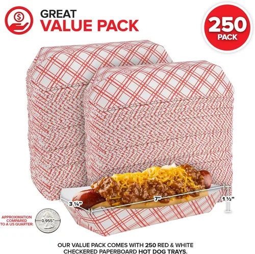 Vista 2 de Bandejas de comida a cuadros, paquete de 250 botes de cartón desechables reciclables resistentes a la grasa rojo y blanco retro Stock Your Home