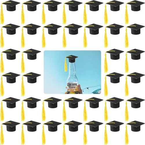 Vista 10 de 36 mini gorras de graduación 2026 con borlas para botellas de vino de graduación (gorra negra con borla negra)