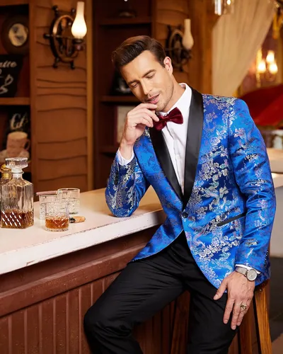 Vista 5 de COOFANDY Chaqueta de esmoquin floral para hombre, de lujo, bordada, elegante, para boda, fiesta, cena