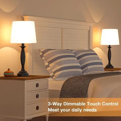 Vista 7 de Seealle Juego de 2 lámparas blancas para dormitorio, lámpara de noche de control táctil con USB C+A, lámparas de mesita de noche regulables de 3