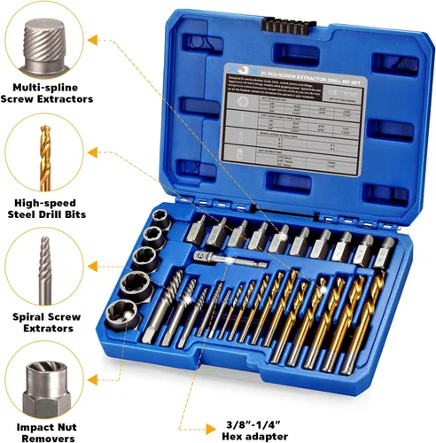 Vista 2 de XJX Juego de 31 brocas extractoras de tornillos y pernos, extractores de tornillos multiestrías CR-MO, juego de extractor de tornillos en espiral