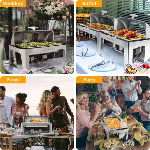 Vista 2 de ROVSUN Juego de 2 platos de bufé con tapa enrollable, 9 cuartos de galón de acero inoxidable rectangular NSF para catering, servidores de bufé