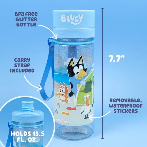 Vista 2 de Bluey Decora tu propia botella de agua, calcomanías reposicionables, ideal para fiestas de cumpleaños Bluetooth, deportes de verano y más, botella