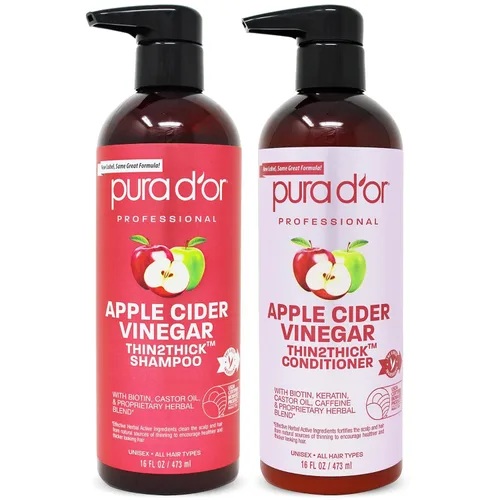 Vista 2 de PURA D'OR Set Thin2Thick de vinagre de sidra de manzana (16 onzas x 2) champú y acondicionador ACV y aceite de argán protector contra el calor