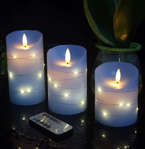 Vista 2 de danip Vela LED sin llama azul cielo con cuerda de luz de estrellas integrada, 3 velas LED, control remoto de 11 teclas, función de temporizador