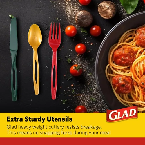 Vista 3 de Glad Cubiertos de plástico desechables, juego navideño surtido, rojo, verde, dorado, tenedores, cuchillos y cucharas extra resistentes, utensilios