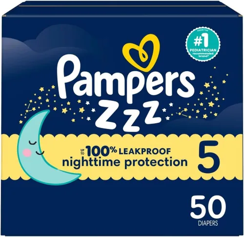 Pampers ZZZ - Pañales de noche, talla 5 (27 + libras), 50 unidades, pañales desechables para bebé, protección nocturna, protección contra fugas