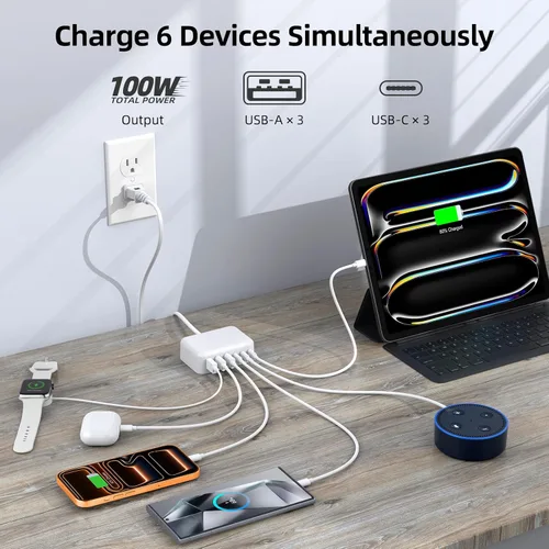 Vista 3 de Cargador USB 6 en 1 de 100 W, estación de carga 50% más pequeña para A-blanco