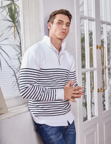 Vista 2 de COOFANDY Suéter tipo polo a rayas con cremallera y cuello alto falso para hombre, casual, ajustado, acanalado, suéter