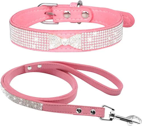 Vista 19 de Conjunto de collar y correa para perro y gato, material de piel de ante suave, deslumbrante y elegante con diamantes de imitación de cristal, collar