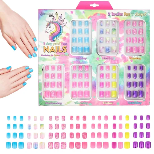 Vista 12 de Colección de Manicura de 7 Días - Juego de 84 Uñas Postizas a Presión, Uñas Adhesivas del Día de la Semana para Niñas – Uñas Postizas de Diseños Bff