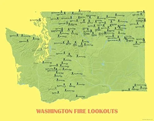 Mapa de miradores de incendios de Washington, 11 x 14 pulgadas, estampado (verde y amarillo)