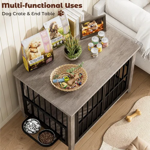 Vista 6 de Lulive Muebles de jaula para perros, perrera de madera para interiores con cuencos ajustables de 360° y altura para perros, muebles de puertas Gris