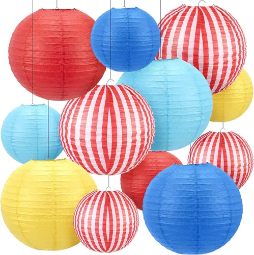 Vista 8 de Hortsun 12 linternas de papel para carnaval con rayas rojas y blancas, linternas de papel colgantes chinas para carnaval, circo, boda, fiesta